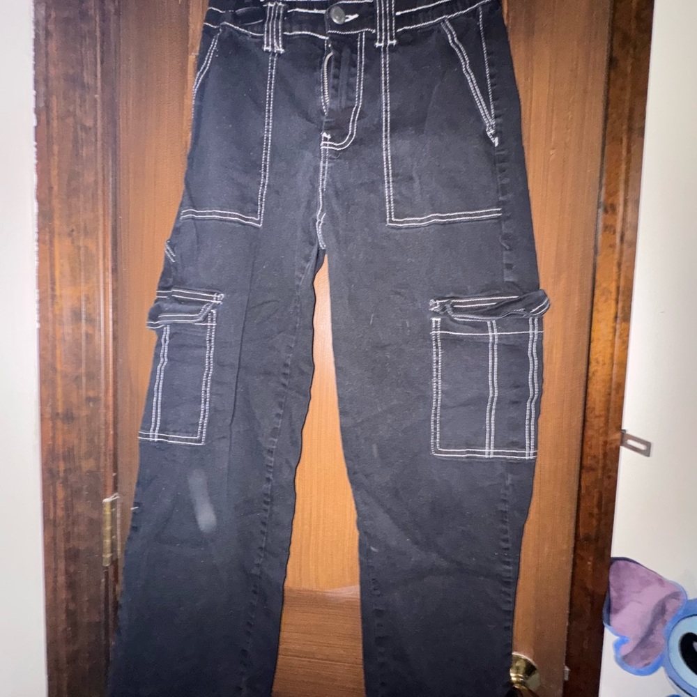 Black Cargo Pants with White Stitching